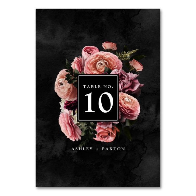 Numéro De Table Romantique et rose Moody | Bouquet floral sur noir (Par défaut)