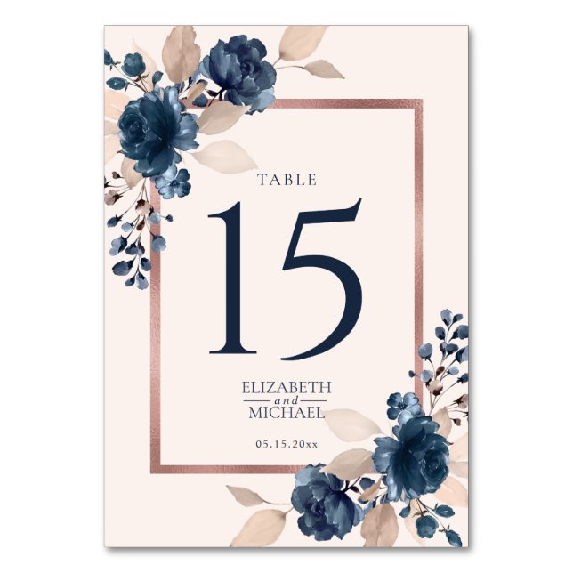 Numéro De Table Rose Gold Navy Blue Dusty rose Floral Mariage (Par défaut)