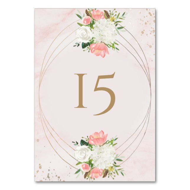 Numéro De Table Rose Pâle et Fleurs Aquarelle Dorées (Par défaut)