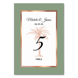 Numéro De Table Rose Sage Gold Copper Palm Tree Moderne Mariage