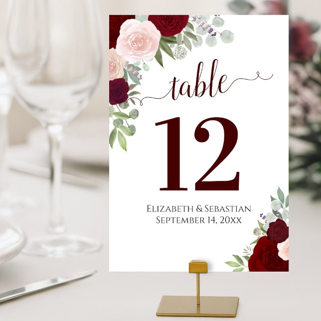 Numéro De Table Roses aquarelle Elégant Mariage rouge Bourgogne (Customize & Order each number individually)