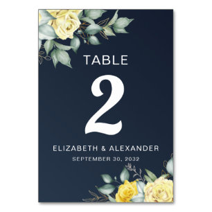 Numéro De Table Roses jaunes aquarelle fleurie marine bleu mariage