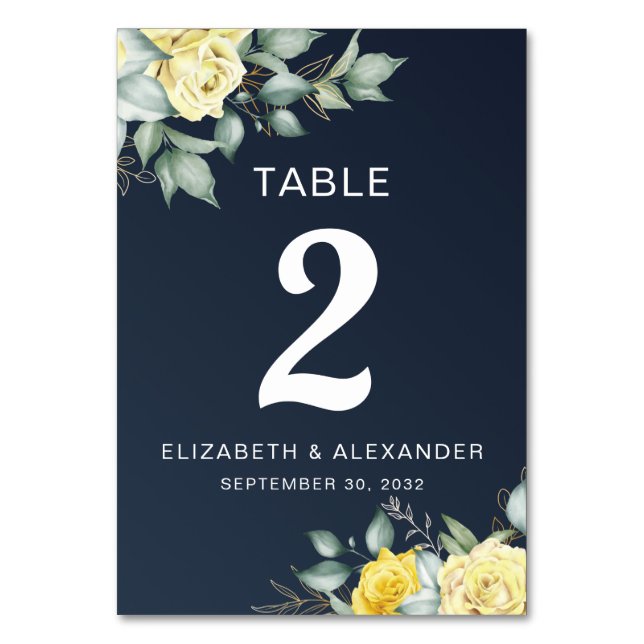 Numéro De Table Roses jaunes aquarelle fleurie marine bleu mariage (Par défaut)