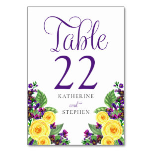 Numéro De Table Roses jaunes Violets Boho Floral Mariage