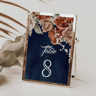 Numéro De Table Roses orange brûlé Terracotta Floral Navy Mariage