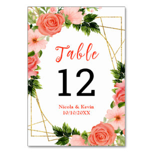 Numéro De Table Roses rouges corail avec feuillage