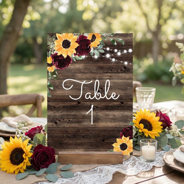 Numéro De Table Roses Tournesol Rustique Mariage en Bois (Créateur téléchargé)