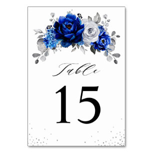 Numéro De Table Royal Bleu Blanc Argent Métallique Mariage Floral 