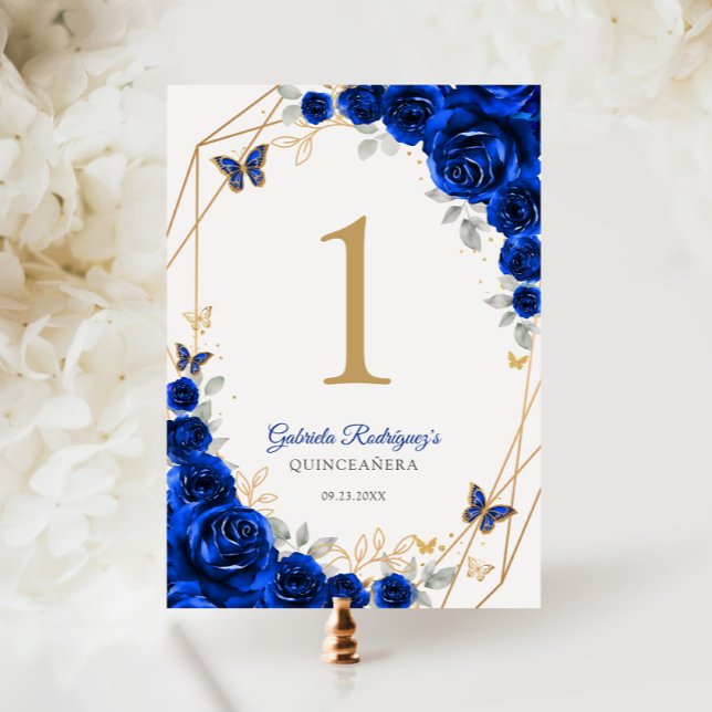 Numéro De Table Royal Blue Gold Floral Quinceanera (Créateur téléchargé)