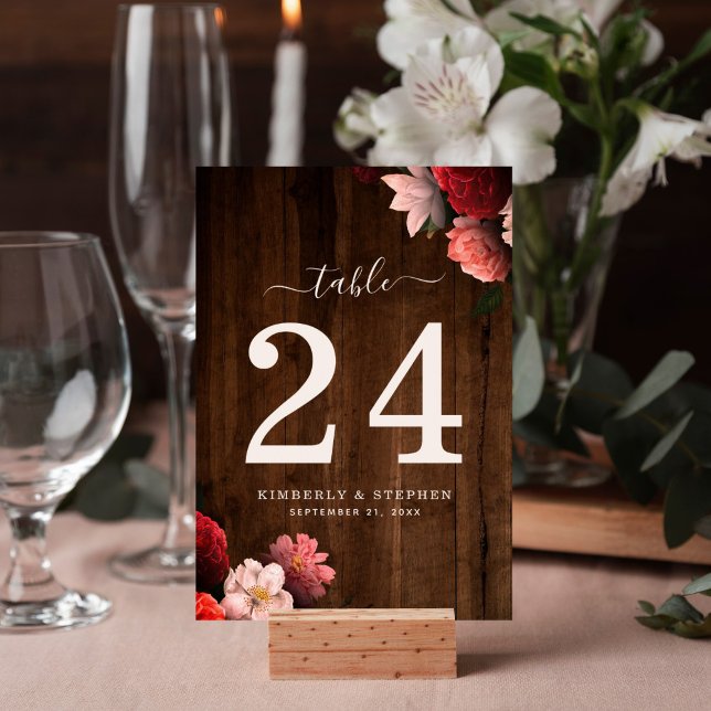 Numéro De Table Russe Brown Boho Coral Floral (Rustic wood floral watercolor table number for your reception decor features elegant design.)
