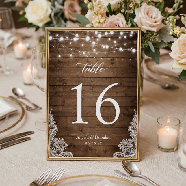 Numéro De Table Rustic Country Wood Twinkle Mariage de dentelle (Créateur téléchargé)