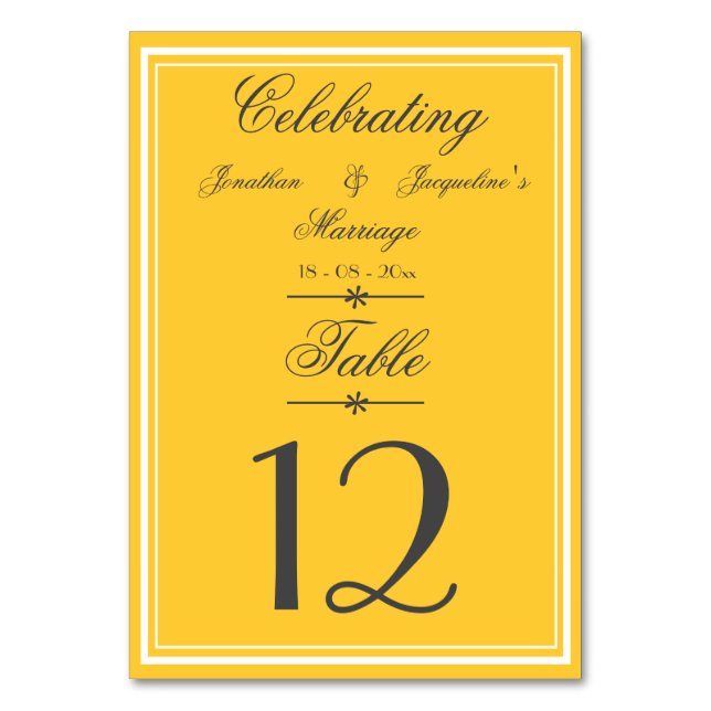Numéro De Table Rustique Chaud Jaune Fancy Mariage Script (Par défaut)