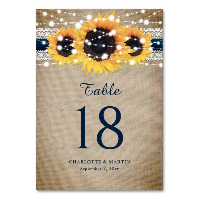 Numéro De Table Rustique Chic Navy Bleu Burlap Dentelle Tournesol (Par défaut)