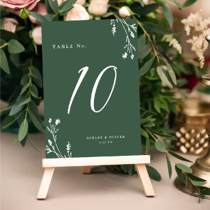 Numéro De Table Rustique Elegant Vert foncé Fleurs sauvages Mariag