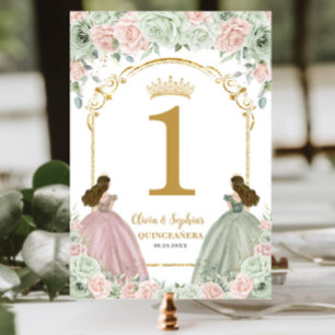 Numéro De Table Sage Green Blush Floral Twins Quinceanera