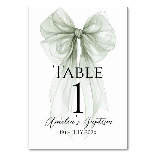 Numéro De Table Sage Green Bow Baptême (Par défaut)