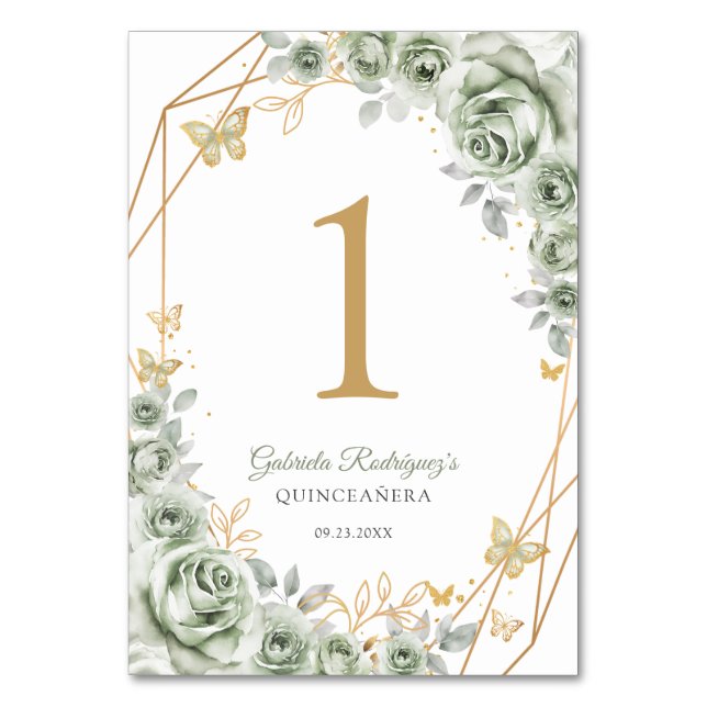 Numéro De Table Sage Green Gold Floral Quinceanera (Par défaut)