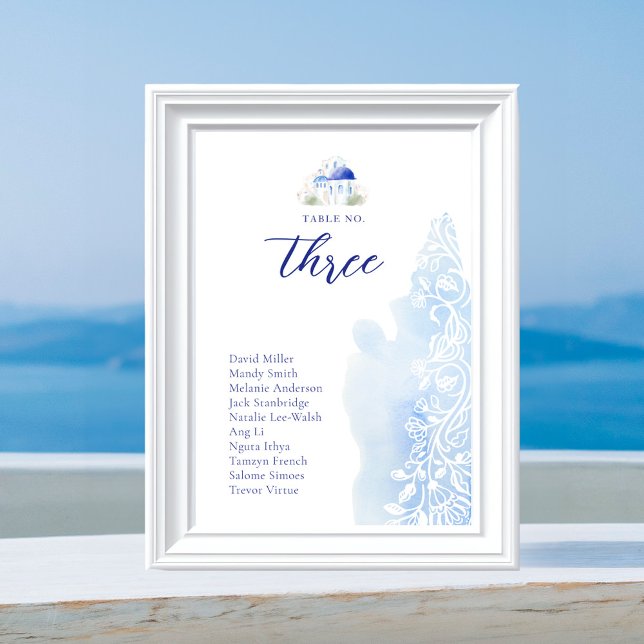 Numéro De Table Santorini Grèce Paysage Mariage d'aquarelle bleu (Santorini Greece Landscape Blue Watercolor Wedding Table Number)