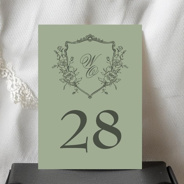 Numéro De Table Sauge vintage Floral Crest Monogramme Mariage (Créateur téléchargé)