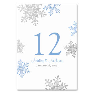 Numéro De Table Silver Lapis Bleu Blanc Snowflakes Mariage d'hiver