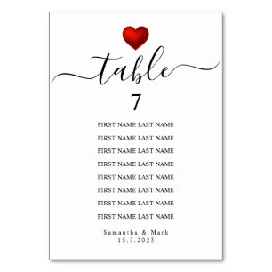 Numéro De Table Simple moderne Red Heart Mariage blanc