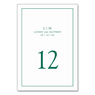 Numéro De Table Simple Monogramme Vert Émeraude Élégant Mariage