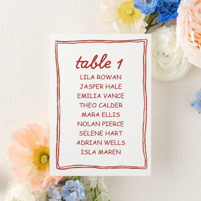 Numéro De Table Simple Red Doodle Wedding Seating Chart Card (Créateur téléchargé)