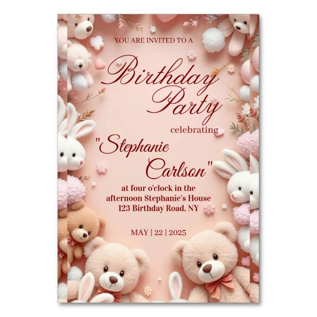 Numéro De Table Soft Pink Teddy Bear Birthday Invitation (Par défaut)