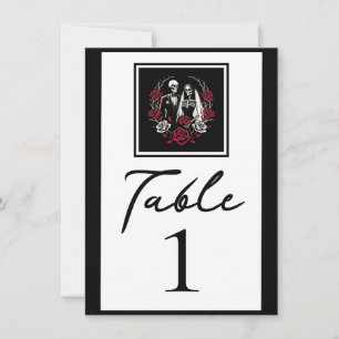 Numéro de table squelette roses blanches rouges et