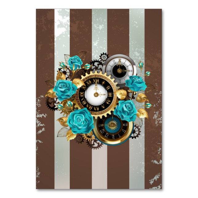 Numéro De Table Steampunk Clock and Turquoise Roses on Striped (Par défaut)