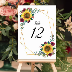Numéro De Table Sunflower Bourgogne Floral Mariage géométrique