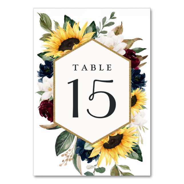 Numéro De Table Sunflower Bourgogne Rouge et bleu marine Roses Mar (Par défaut)