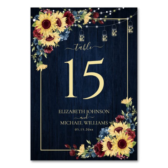 Numéro De Table Sunflower Navy Bleu Bourgogne Bois Mariage Floral (Par défaut)