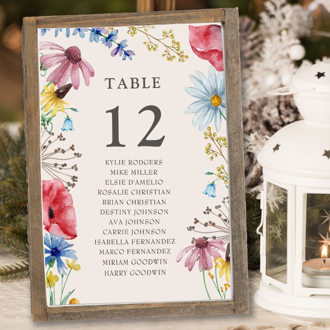 Numéro De Table Tableau des Mariages fleurs sauvages Tableau des s (Small table sign with wildflower floral border)