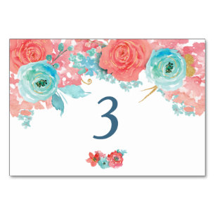 Numéro De Table Tableau des Mariages floraux de Coral Rose et Aqua