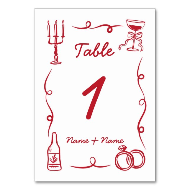 Numéro De Table Tableau mariage main blanche dessinée rouge illust (Par défaut)