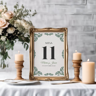 Numéro De Table Talavera Green Floral Minimalist Spanish Wedding