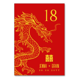 Numéro De Table Thème Dragon Double Bonheur Or sur rouge