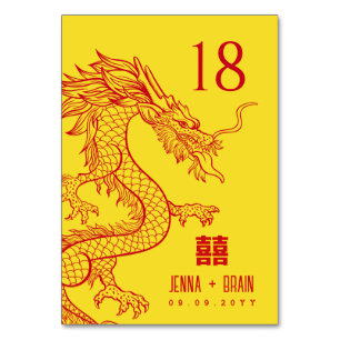 Numéro De Table Thème Dragon Double Bonheur Rouge sur or