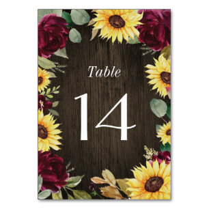 Numéro De Table Tournesol et roses rouges Mariage rustique en bois