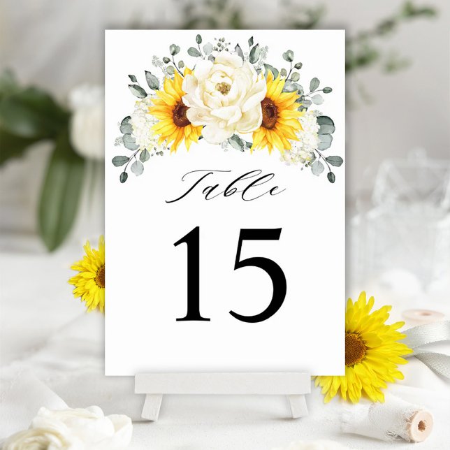 Numéro De Table Tournesol ivoire pivoine Floral Eucalyptus Mariage (Yellow sunflower ivory peonies wedding theme.)