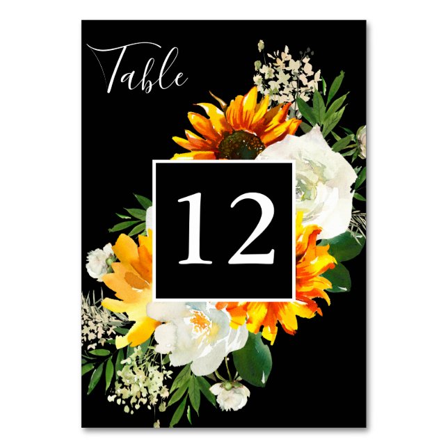 Numéro De Table Tournesol & Rose blanche Artsy Floral - Noir 2 (Par défaut)