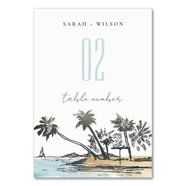 Numéro De Table Tropical Beach Palm Tree croquis Mariage aquarelle (Par défaut)