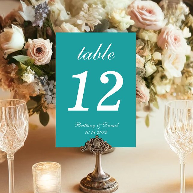 Numéro De Table Turquoise Bleu Simple Blanc Script Mariage (Créateur téléchargé)
