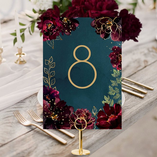 Numéro De Table Turquoise Bordeaux Jewel Ton Mariage Numéro de tab (Teal Bordeaux Jewel Tone Wedding Table Number Card)
