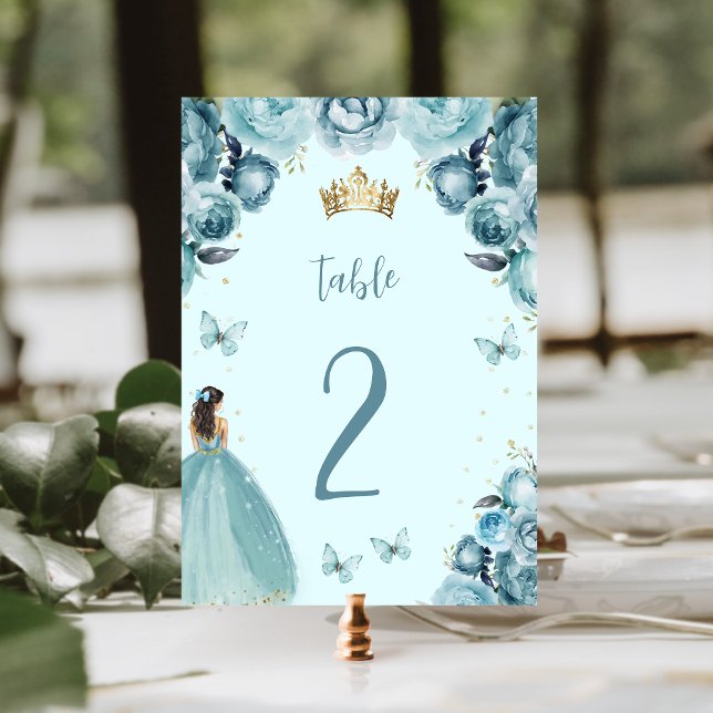 Numéro De Table Turquoise Gold Floral Princesse Quinceañera (Créateur téléchargé)