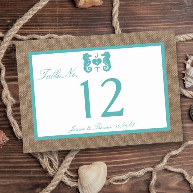 Numéro De Table Turquoise Seahorse Burlap Beach Wedding Collection (Créateur téléchargé)