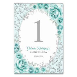 Numéro De Table Turquoise Silver Floral Quinceanera