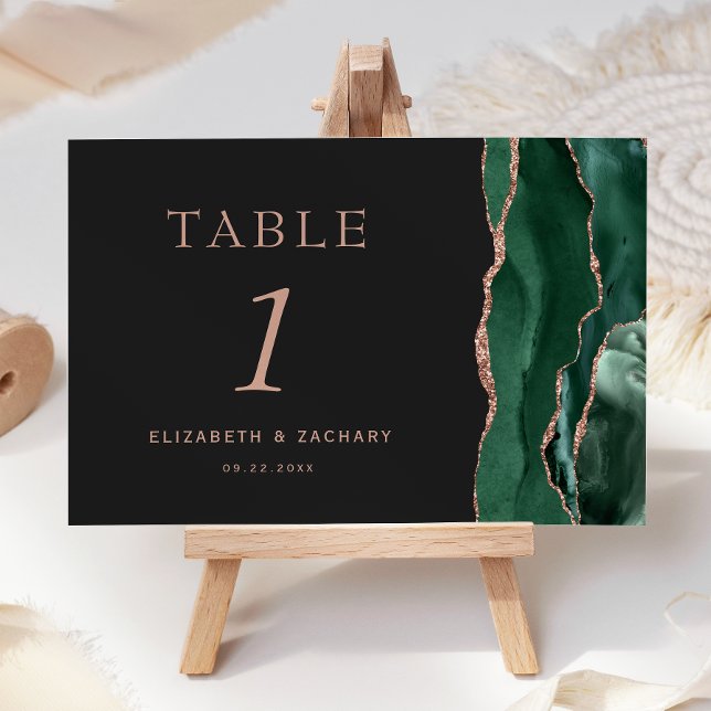 Numéro De Table Vert émeraude Agate Rose Or Sombre Mariage (Créateur téléchargé)