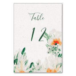 Numéro De Table Vert forêt, orange, Aquarelle blanche Floral